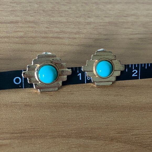 Southwestern, Geometric Turquoise/Gold Stud Earrings - Picture 5 of 6